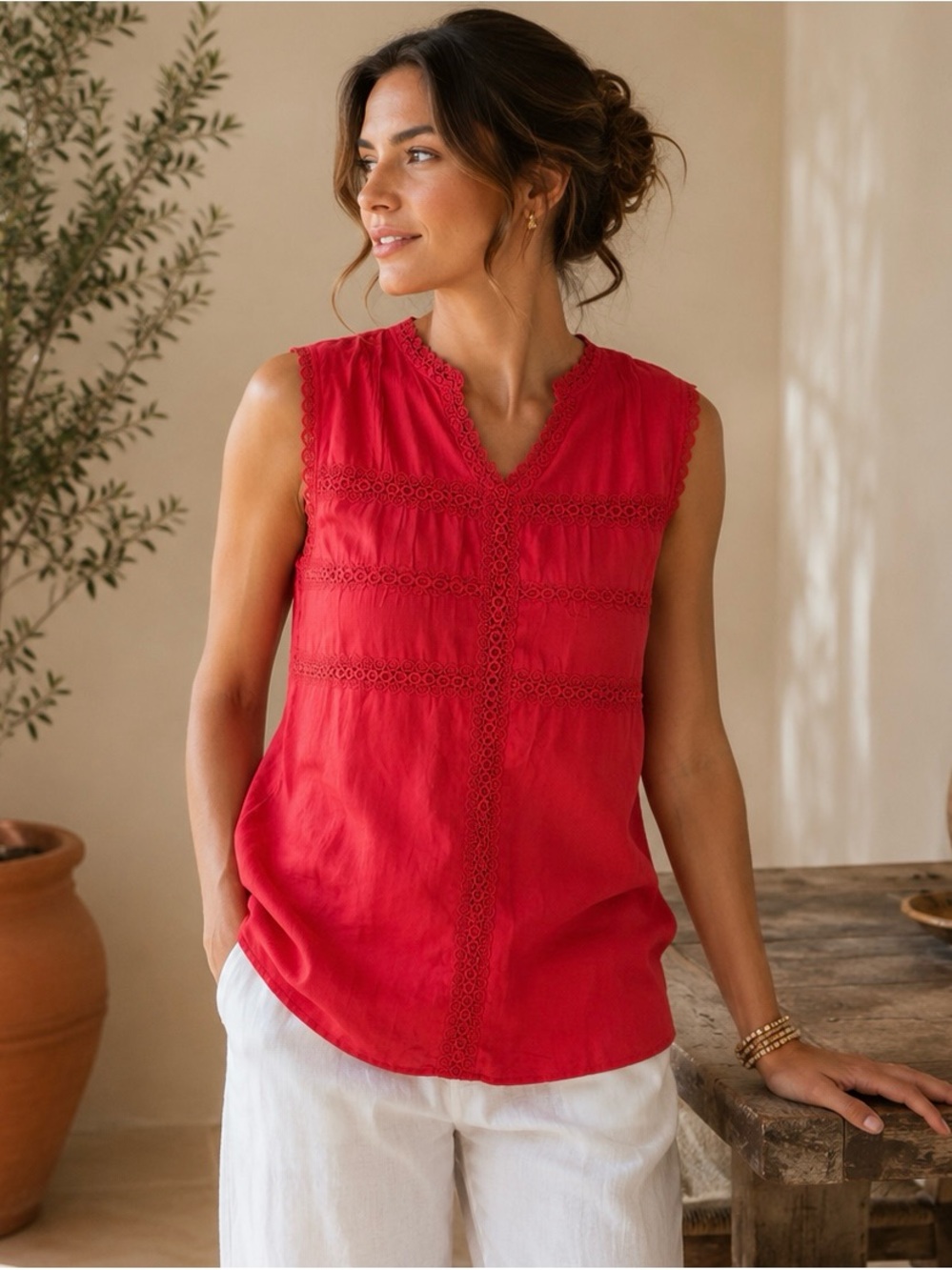 🇩🇪 Red Lace Trim Sleeveless Blouse Women’s EU 40 Boho Chic Top